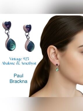 Paul Brackna Amethyst & Abalone Post & Dangle Earrings Sterling Silver VINTAGE
